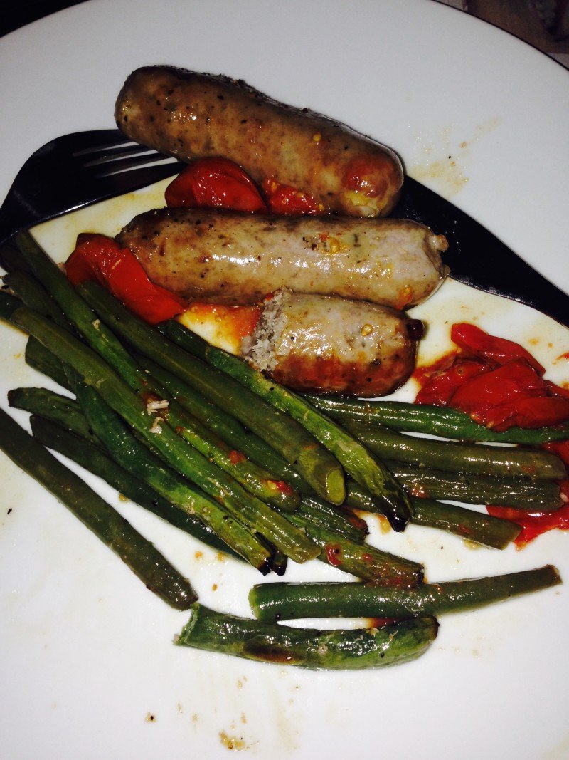 Roasted veg with Heck sausages The Blood Sugar Diet by Michael Mosley